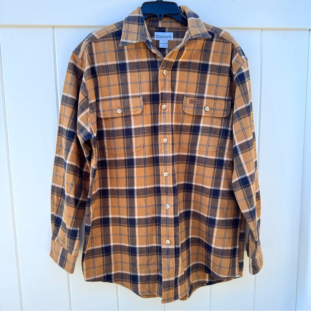 Carhartt Flannel Shirt Men's Large Long Sleeve Rugged Outdoors Workwear Mustard